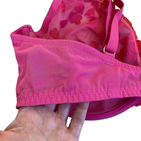 Love Vera 42C Embroidered Heart Strappy Underwire Mesh Bra Balconette Pink Red - Picture 12 of 16